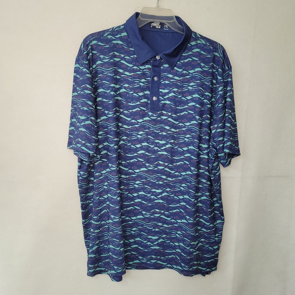 Inward Half 2XL‎ Men's Golf Polo Shirt Fish Wave Print Blue Short Sleeve Stretch
